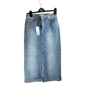 Vintage Y2K Denim Midi Skirt Blue Wash Split Hem Stretch Jeans Western Style